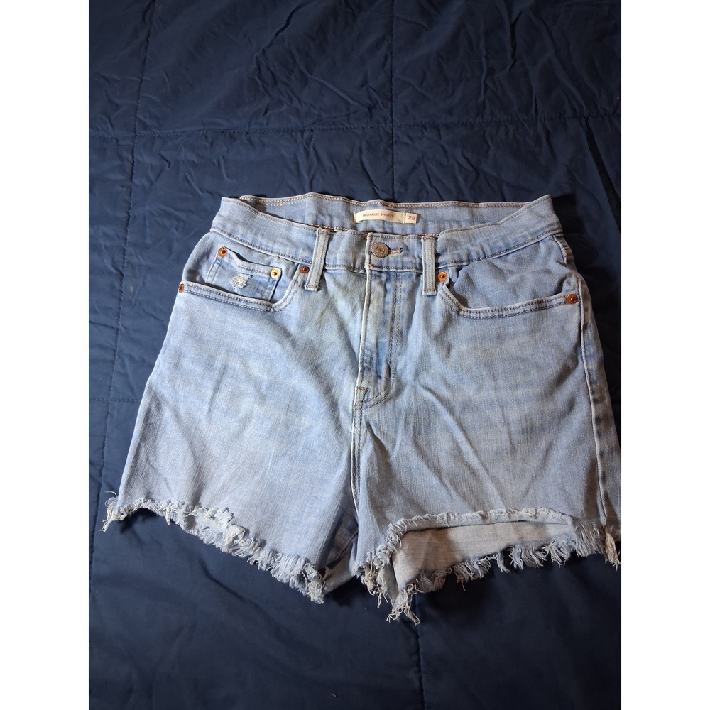 Levis High Rise Denim Shorts Light Wash Frayed Hem Size 28 Distressed Cut Offs